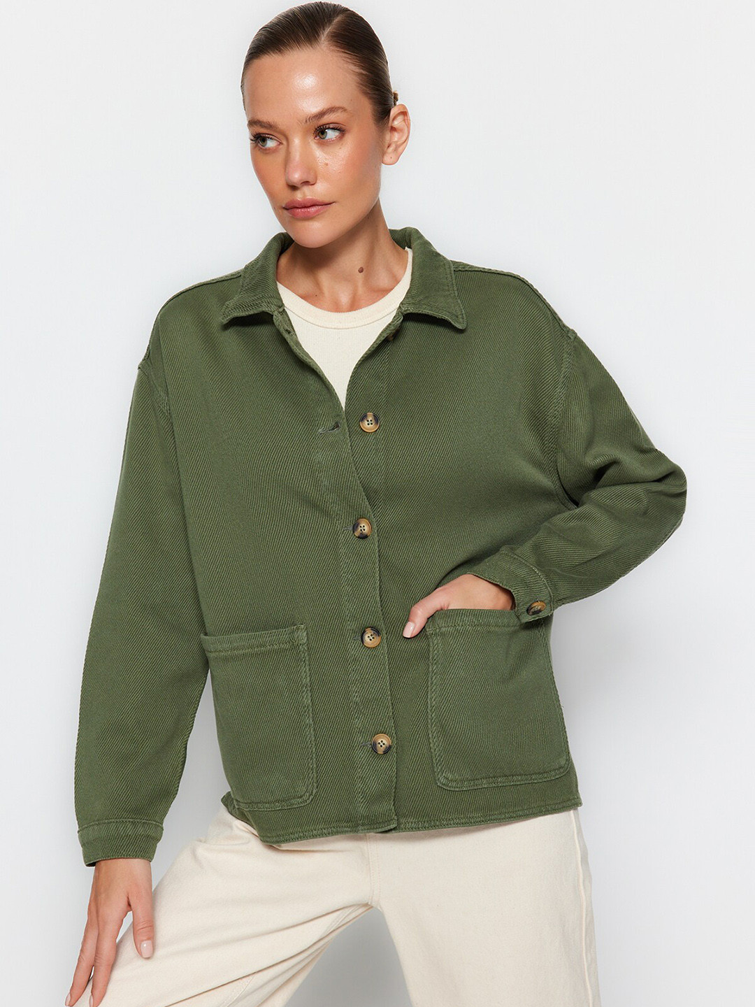 

Trendyol Spread Collar Tailored Pure Cotton Jacket, Olive