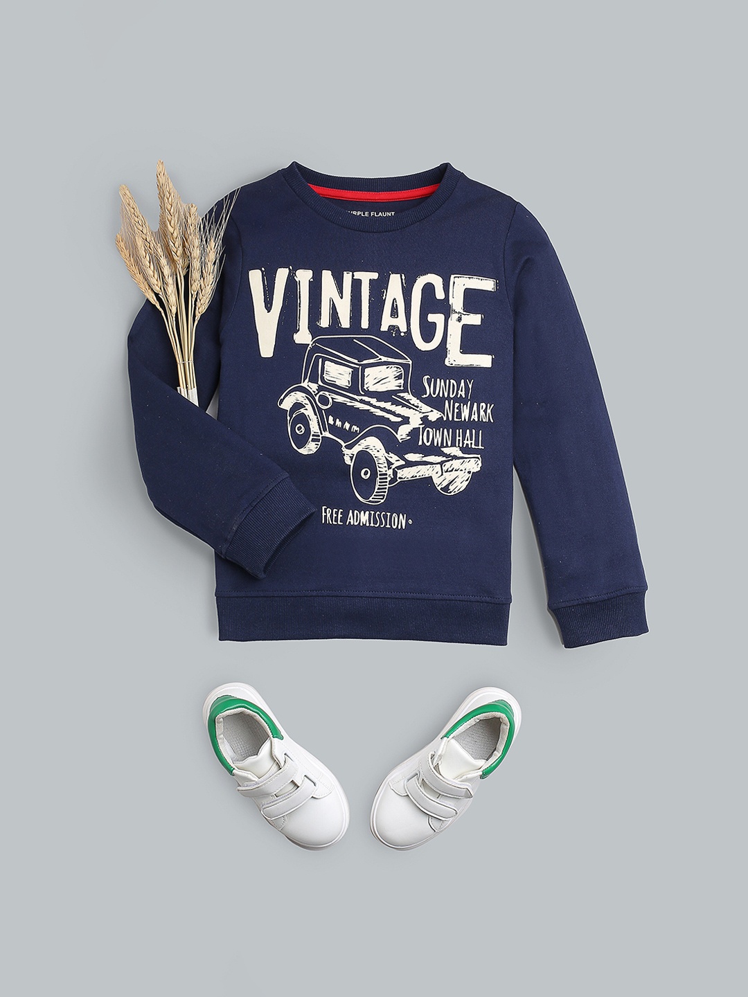 

PURPLE FLAUNT Boys Typography Printed Cotton Terry Pullover Sweatshirt, Navy blue