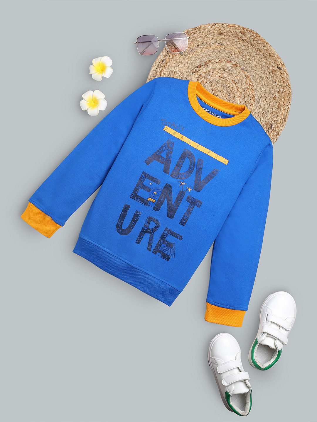 

PURPLE FLAUNT Boys Typography Printed Cotton Terry Pullover Sweatshirt, Blue