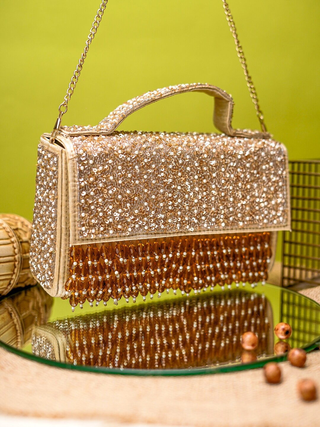 

NR By Nidhi Rathi Embellished Foldover Clutch, Gold