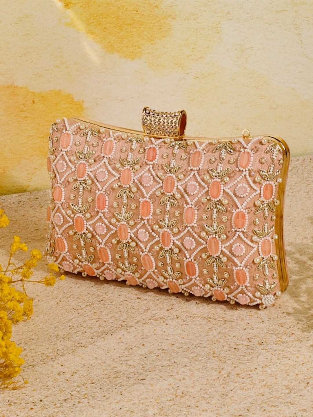 

NR By Nidhi Rathi Embellished Box Clutch, Peach