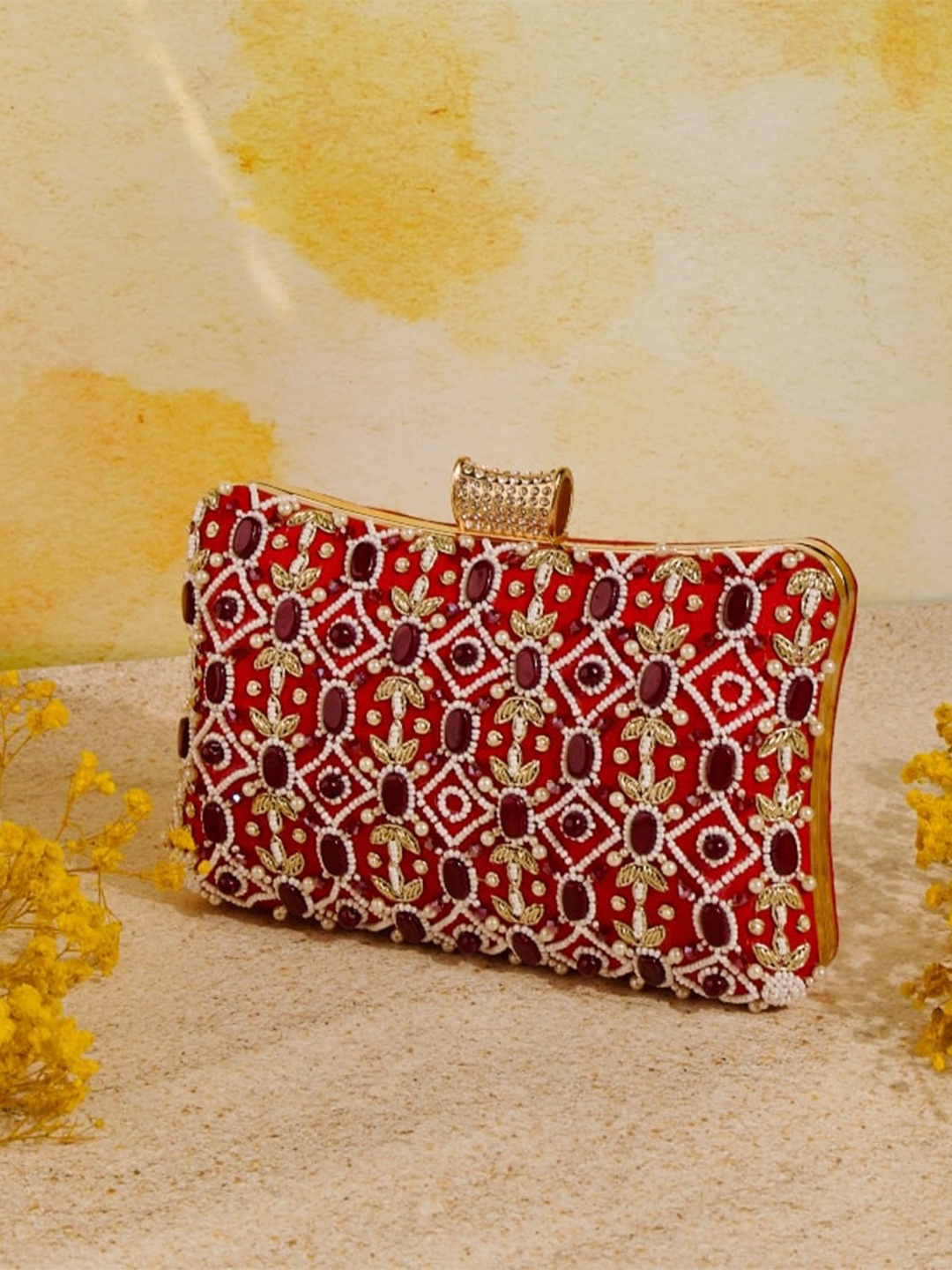 

NR By Nidhi Rathi Embellished Box Clutch, Red