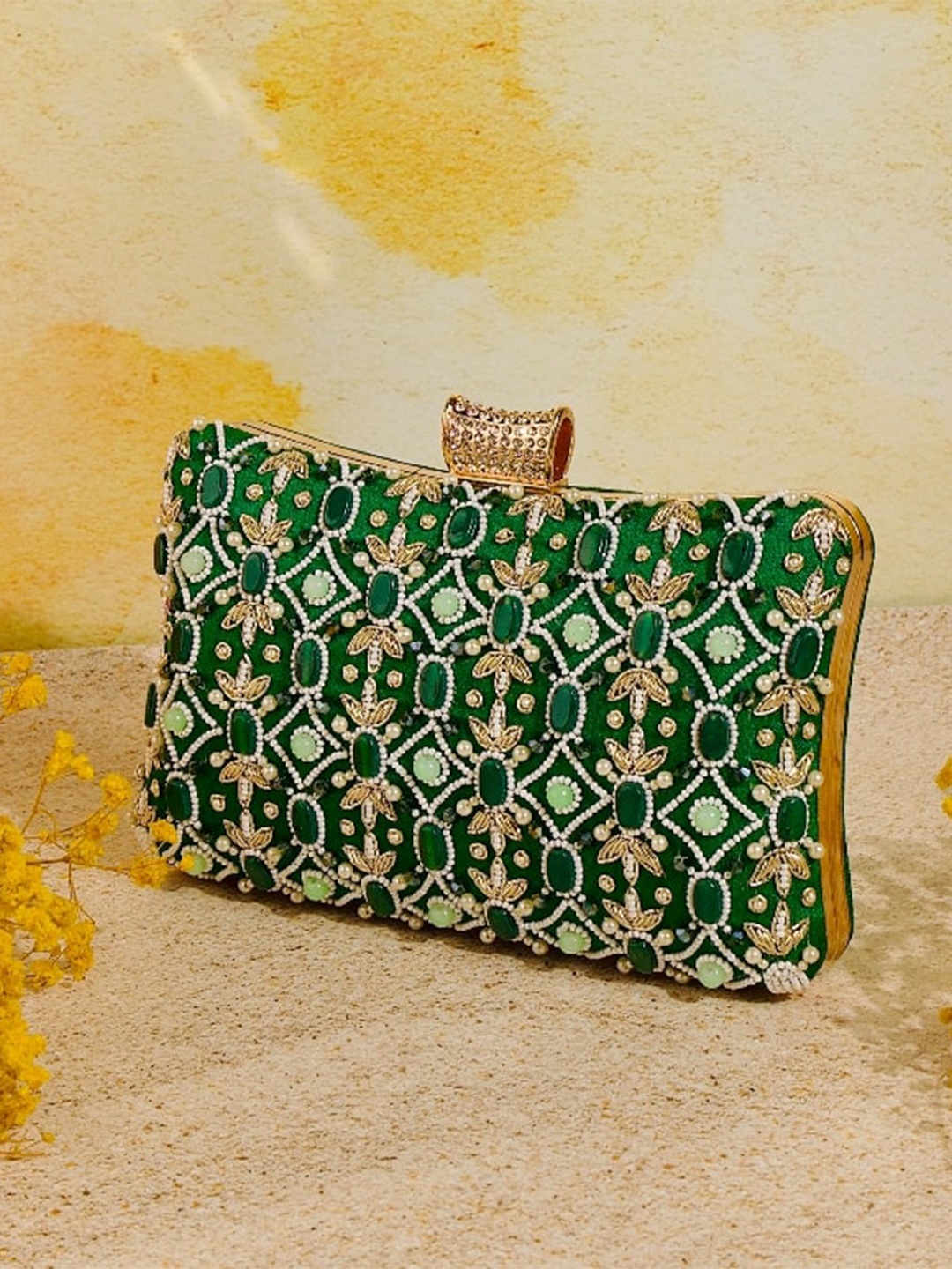 

NR By Nidhi Rathi Embellished Box Clutch, Green