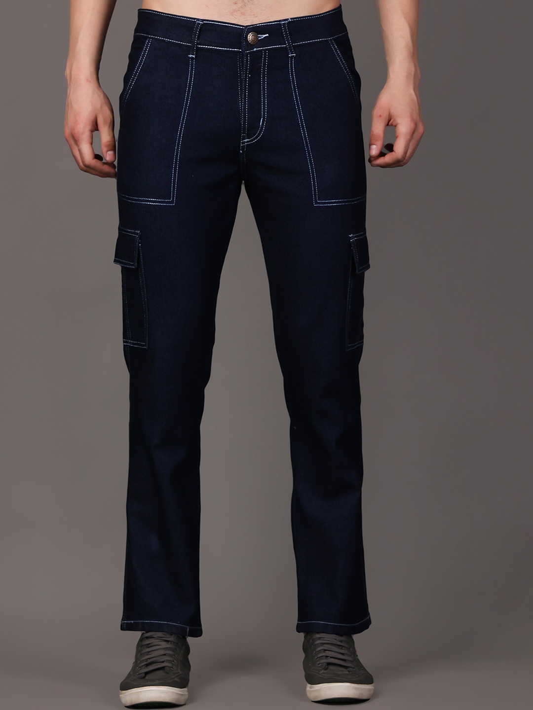 

Xee Men Comfort Clean Look Mid-Rise Cotton Cargo Jeans, Navy blue