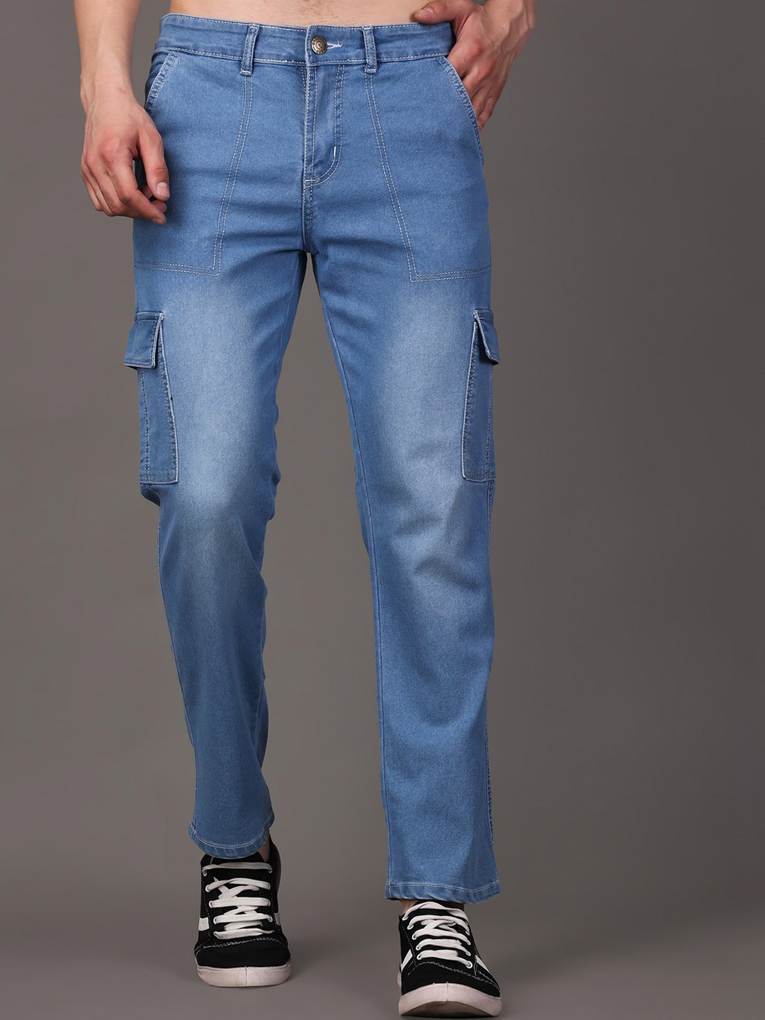 

Xee Men Comfort Light Fade Clean Look Cotton Cargo Jeans, Blue