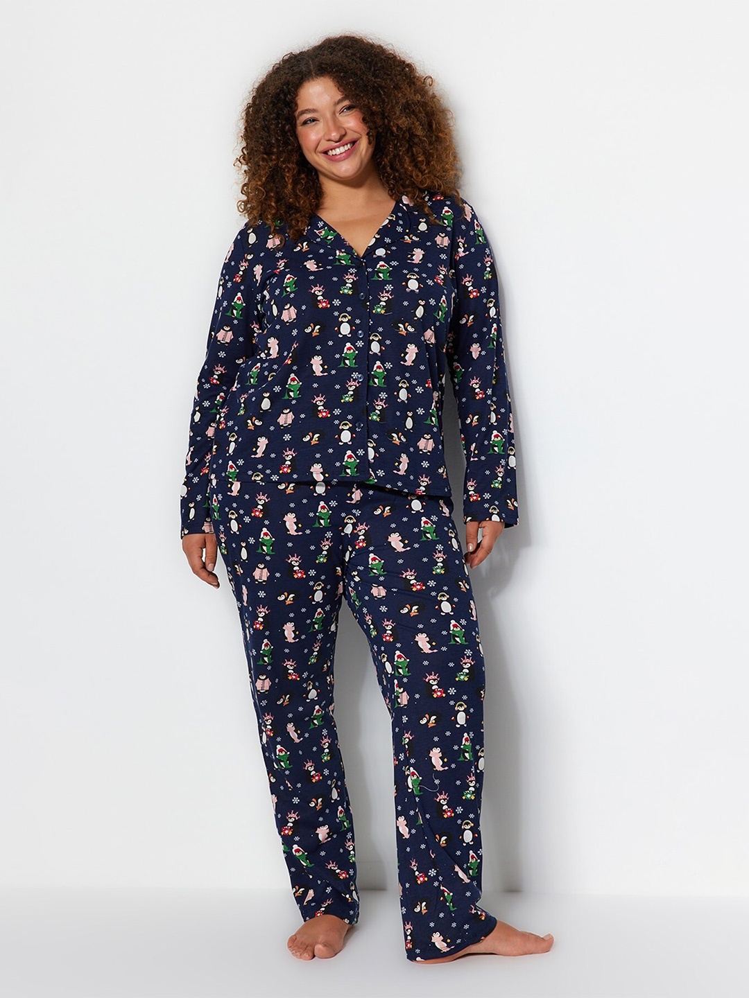 

Trendyol Conversational Printed Night Suit, Navy blue
