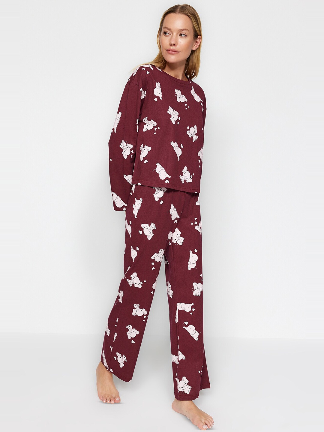 

Trendyol Conversational Printed Pure Cotton T-shirt & Pyjamas, Maroon