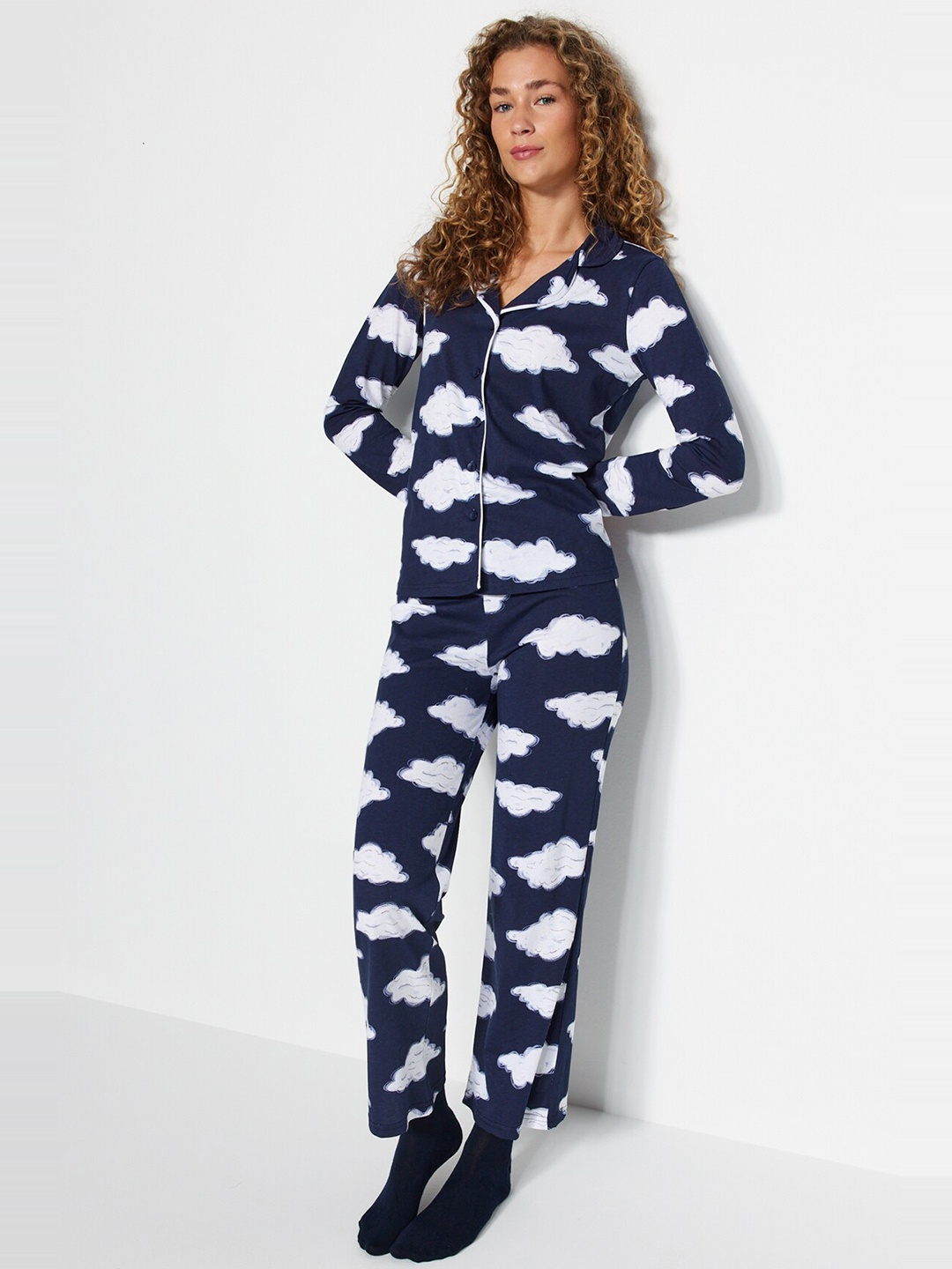 

Trendyol Conversational Printed Pure Cotton Shirt With Pyjamas, Navy blue