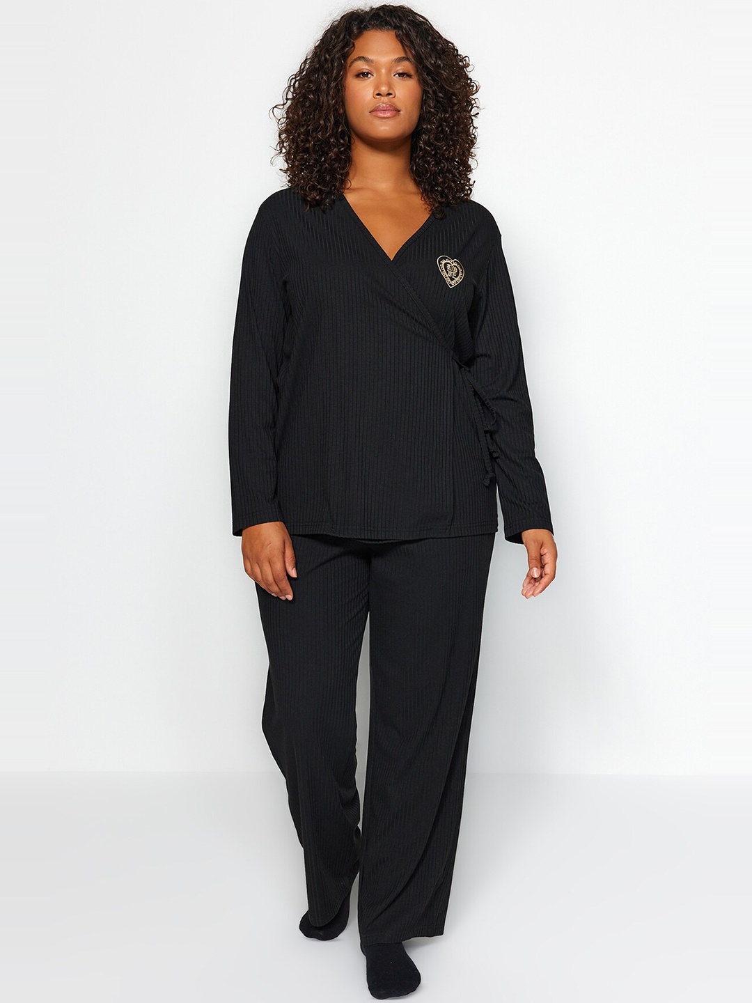 

Trendyol Self Design Tie-Ups Top & Pyjamas, Black