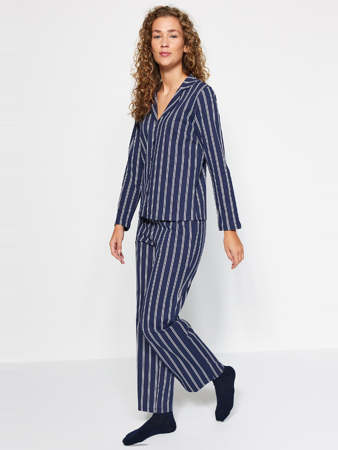

Trendyol Striped Pure Cotton Night suit, Navy blue
