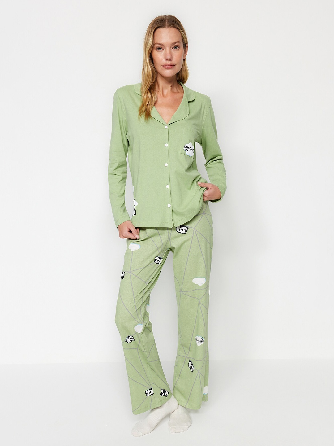 

Trendyol Conversational Printed Lapel Collar Pure Cotton Shirt With Lounge Pant, Green