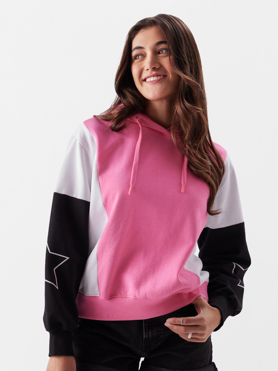 

The Souled Store Pink Colourblocked Hooded Oversized Pullover Sweatshirt