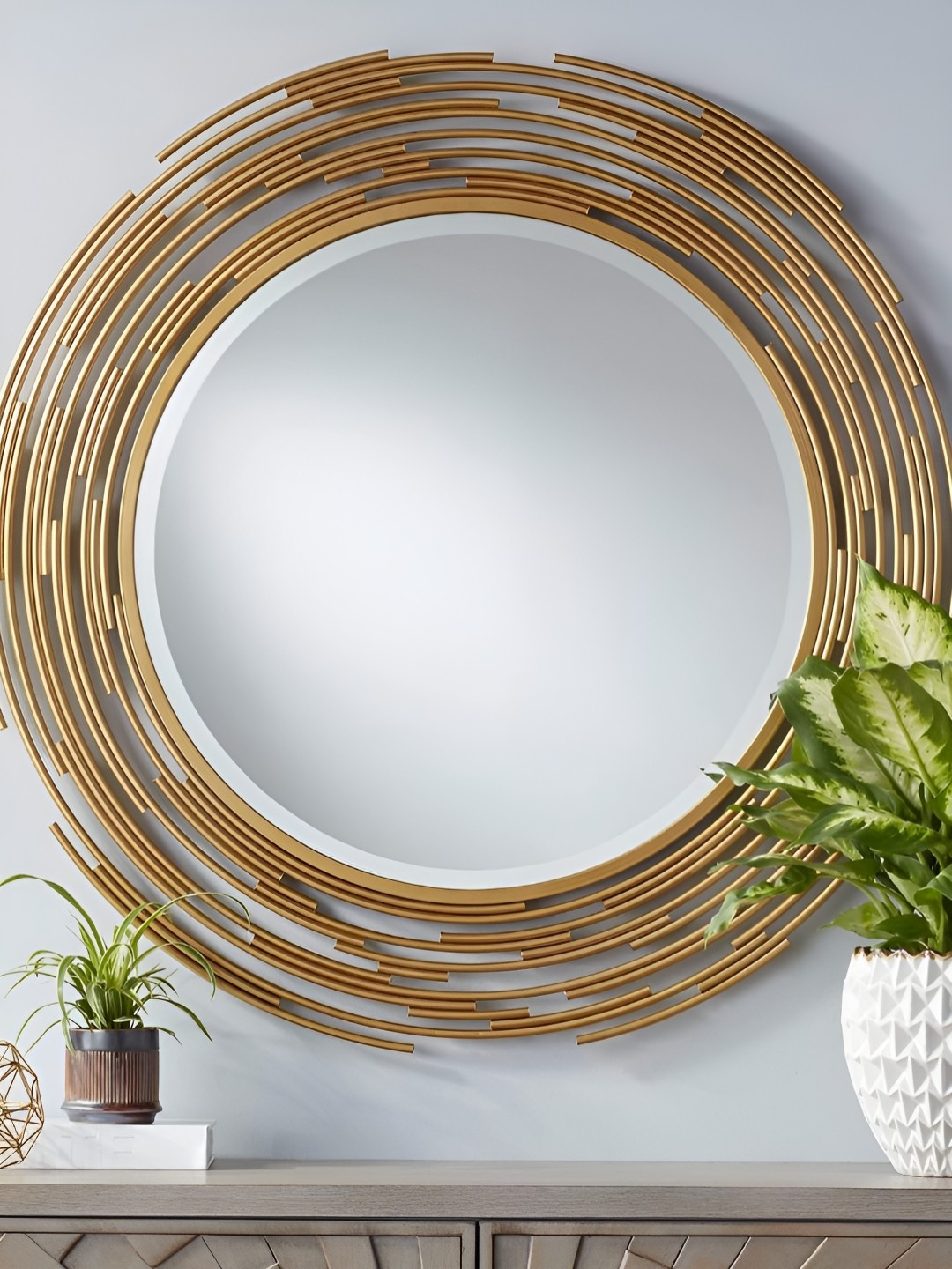 

Writings On The Wall Gold Toned Round Dashes Designer Metal Wall Mirror