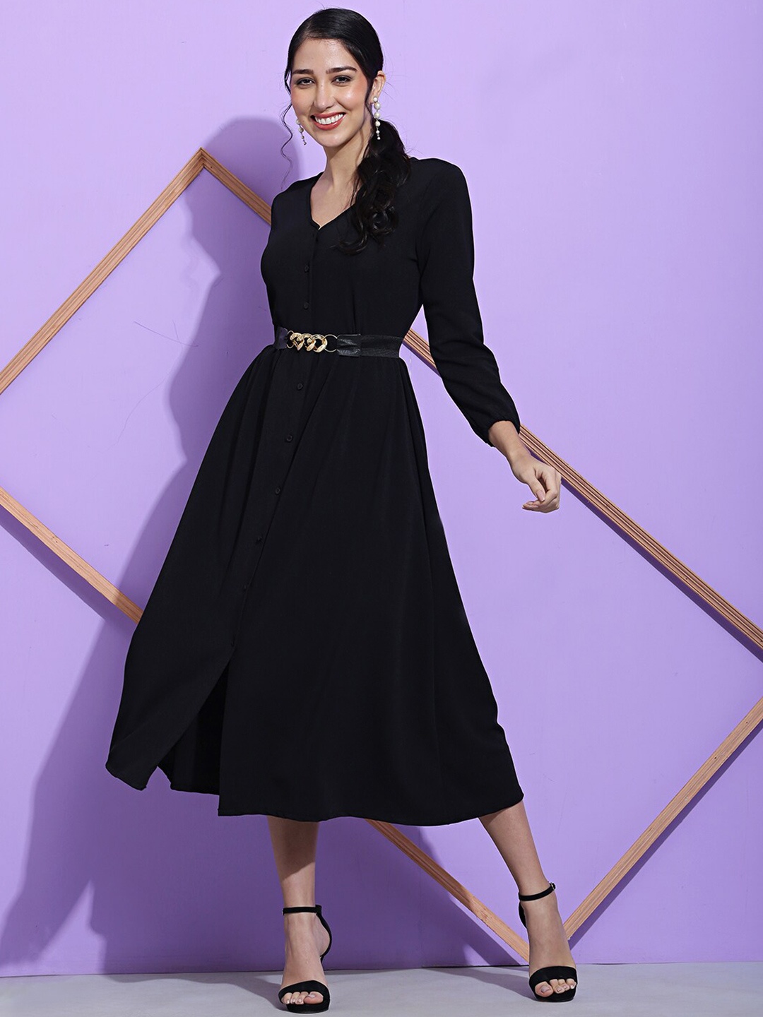 

SQew V-Neck Puff Sleeves A-Line Midi Dress, Black