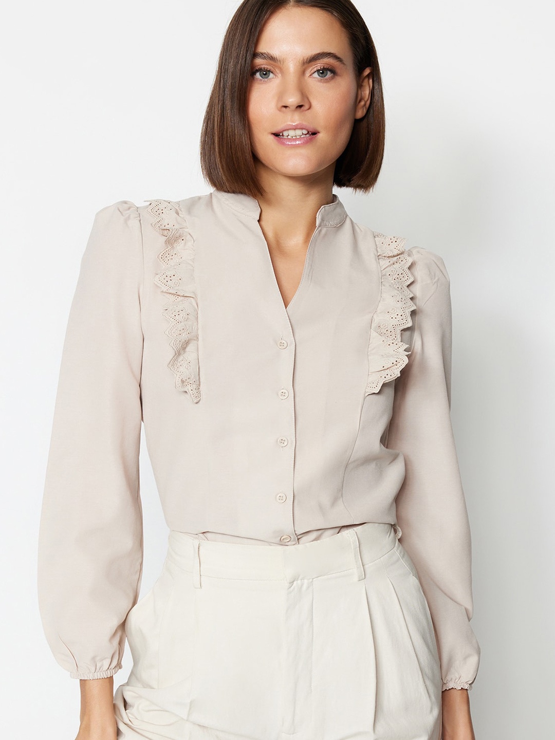 

Trendyol Mandarin Collar Puff Sleeves Casual Shirt, Beige