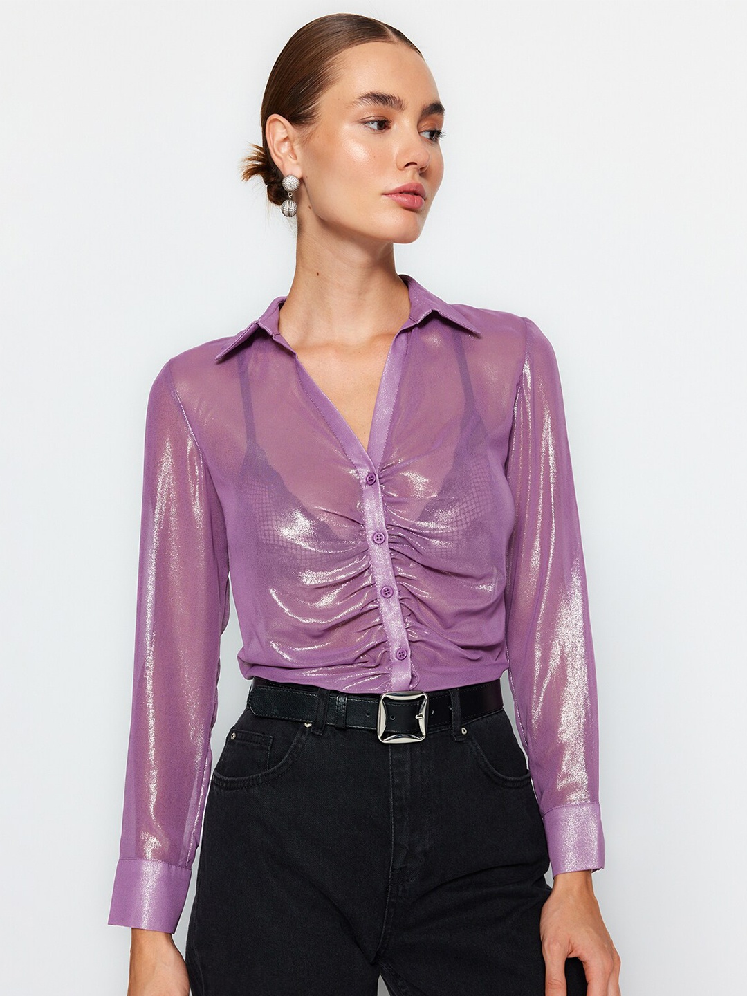 

Trendyol Ruched Sheen Casual Shirt, Purple