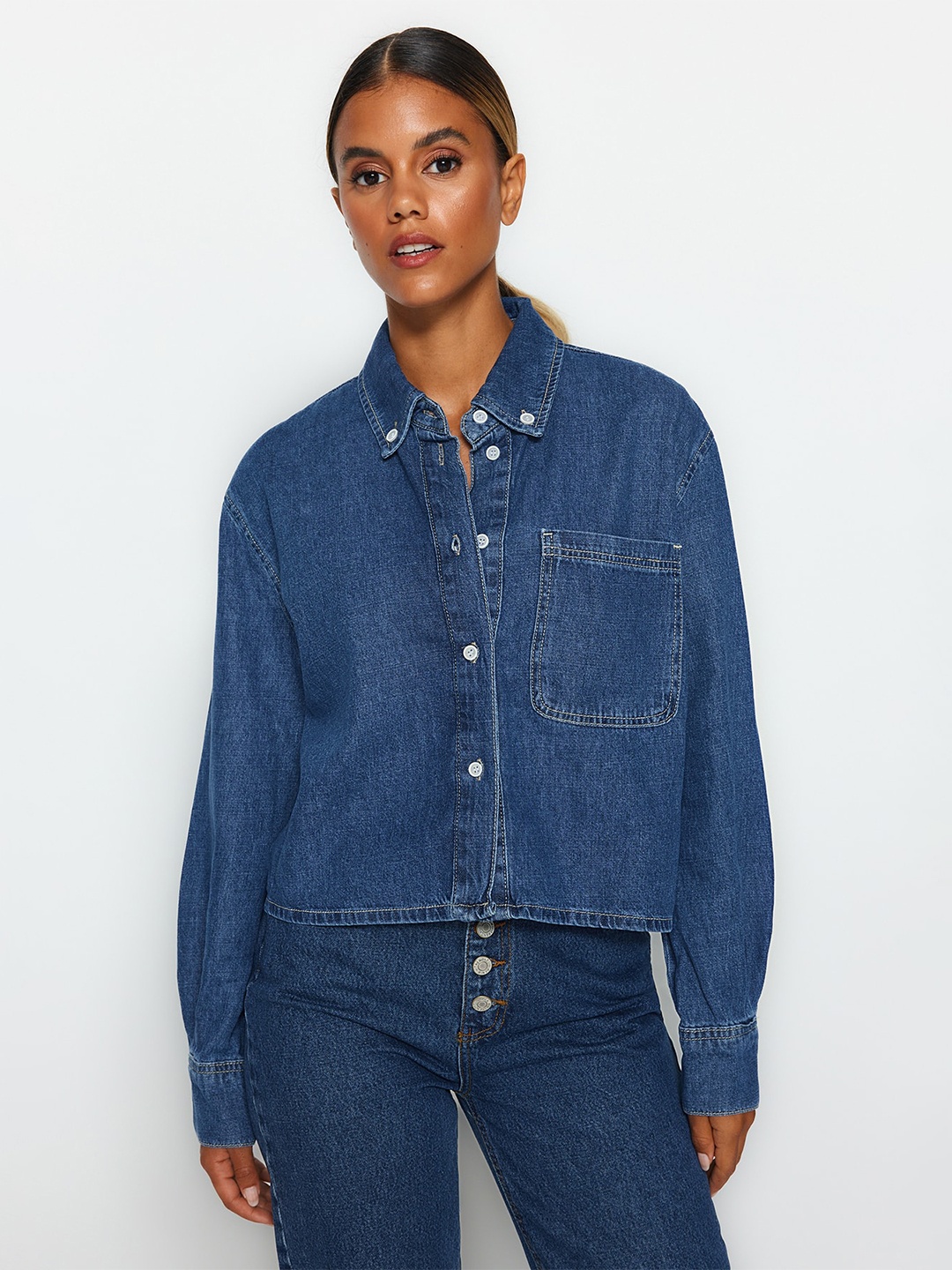 

Trendyol Button-Down Collar Cropped Casual Shirt, Blue