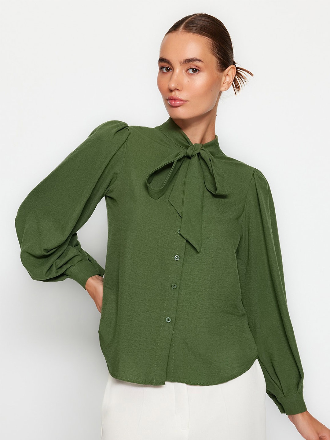 

Trendyol Tie-Up Neck Cuffed Sleeves Shirt Style Top, Olive