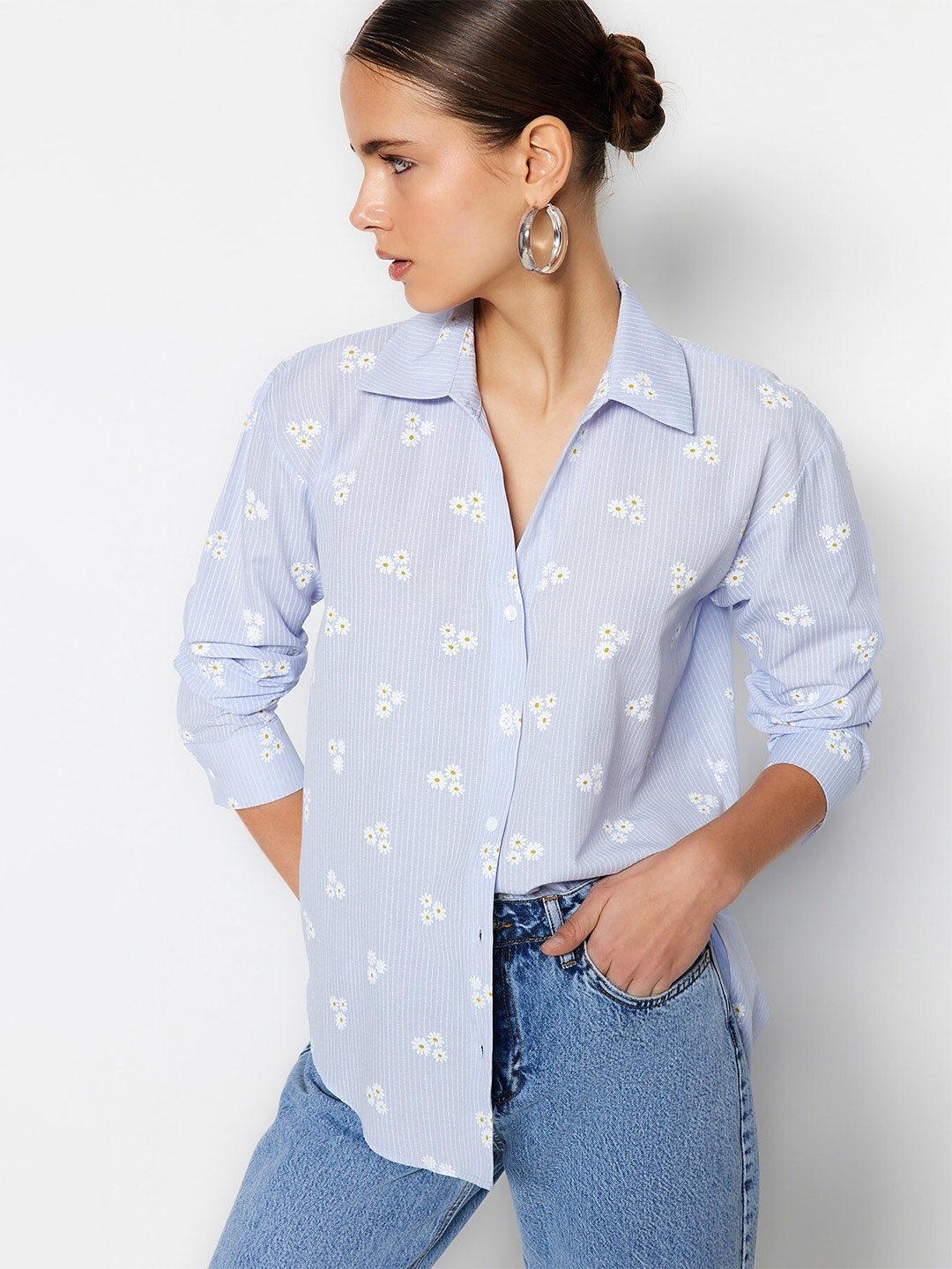 

Trendyol Floral Printed Cotton Shirt, Blue