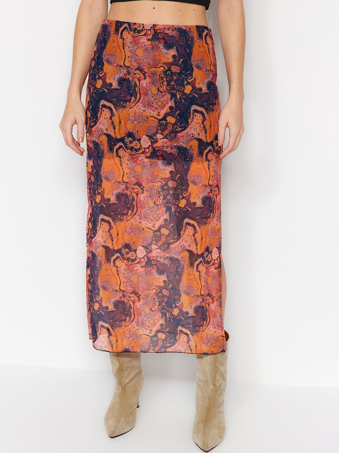 

Trendyol Abstract Printed Straight Midi Skirts, Orange