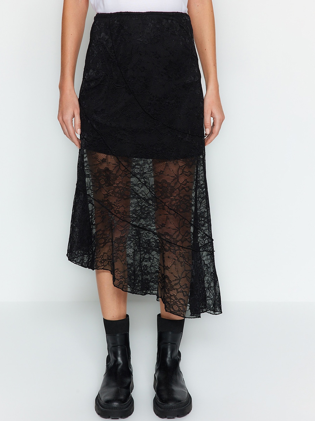 

Trendyol Floral Self Design Semi Sheer Flared Midi Skirt, Black
