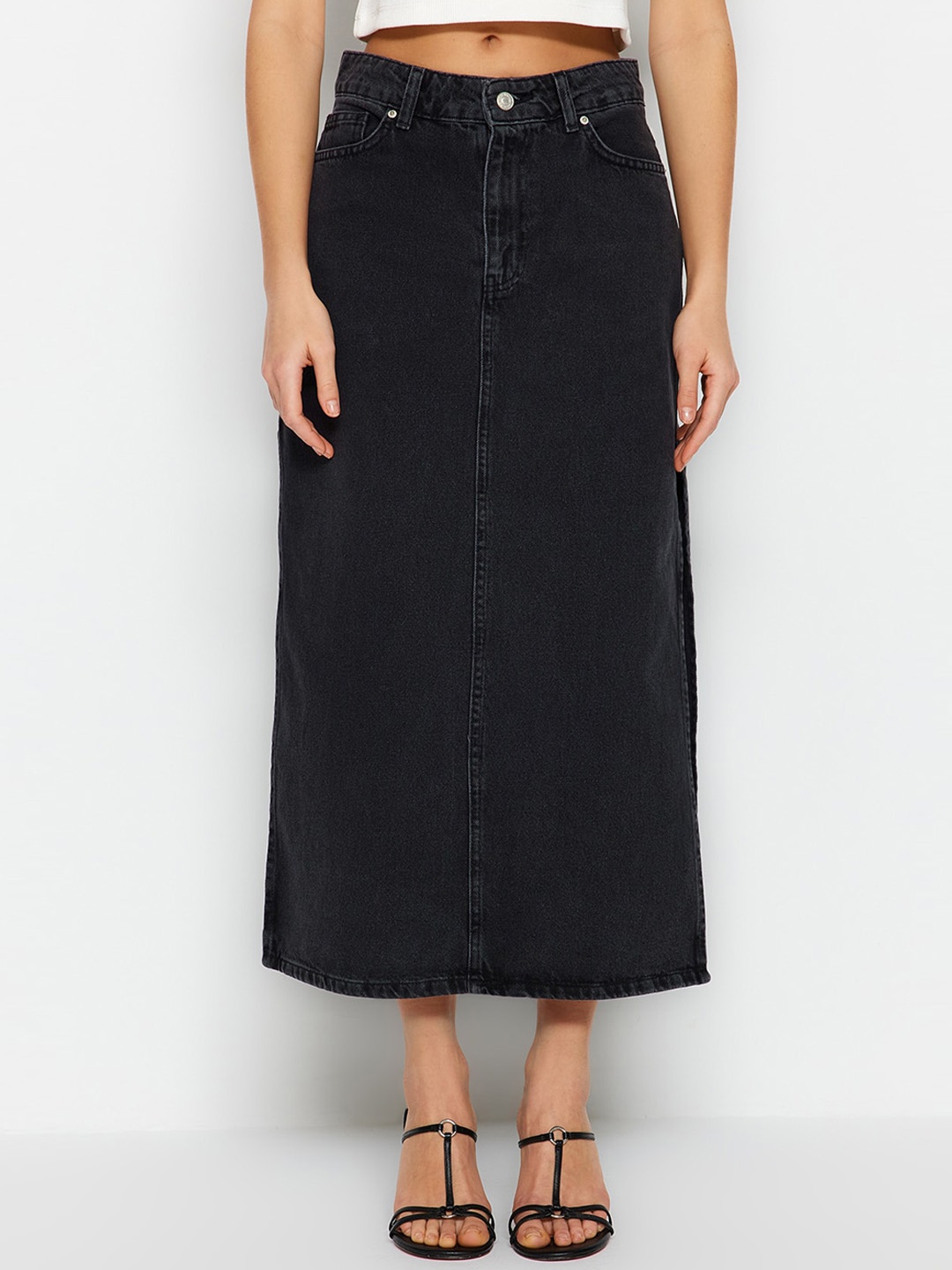 

Trendyol Pure Cotton A-Line Midi Skirt, Grey