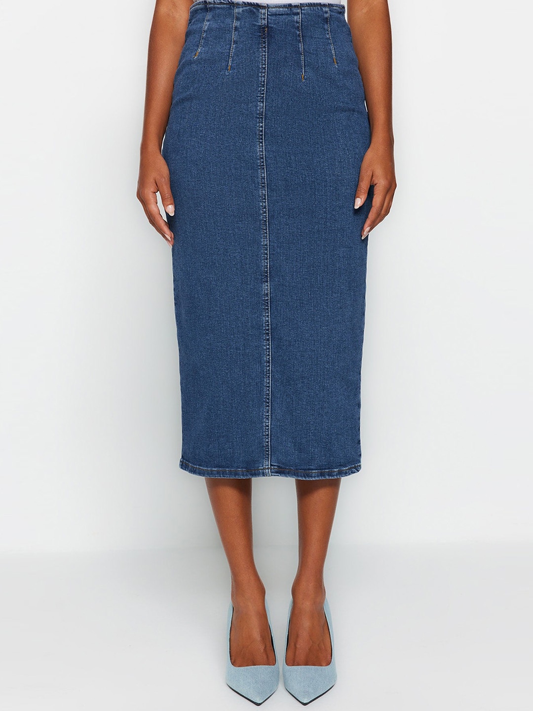 

Trendyol Mavi Denim Pencil Midi Skirt, Blue