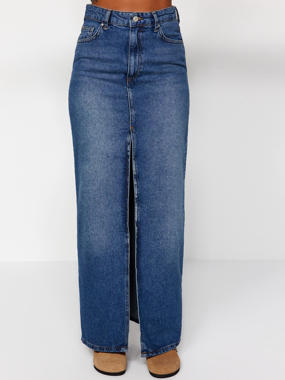 

Trendyol Mavi Denim Pure Cotton Straight Maxi Skirt, Blue