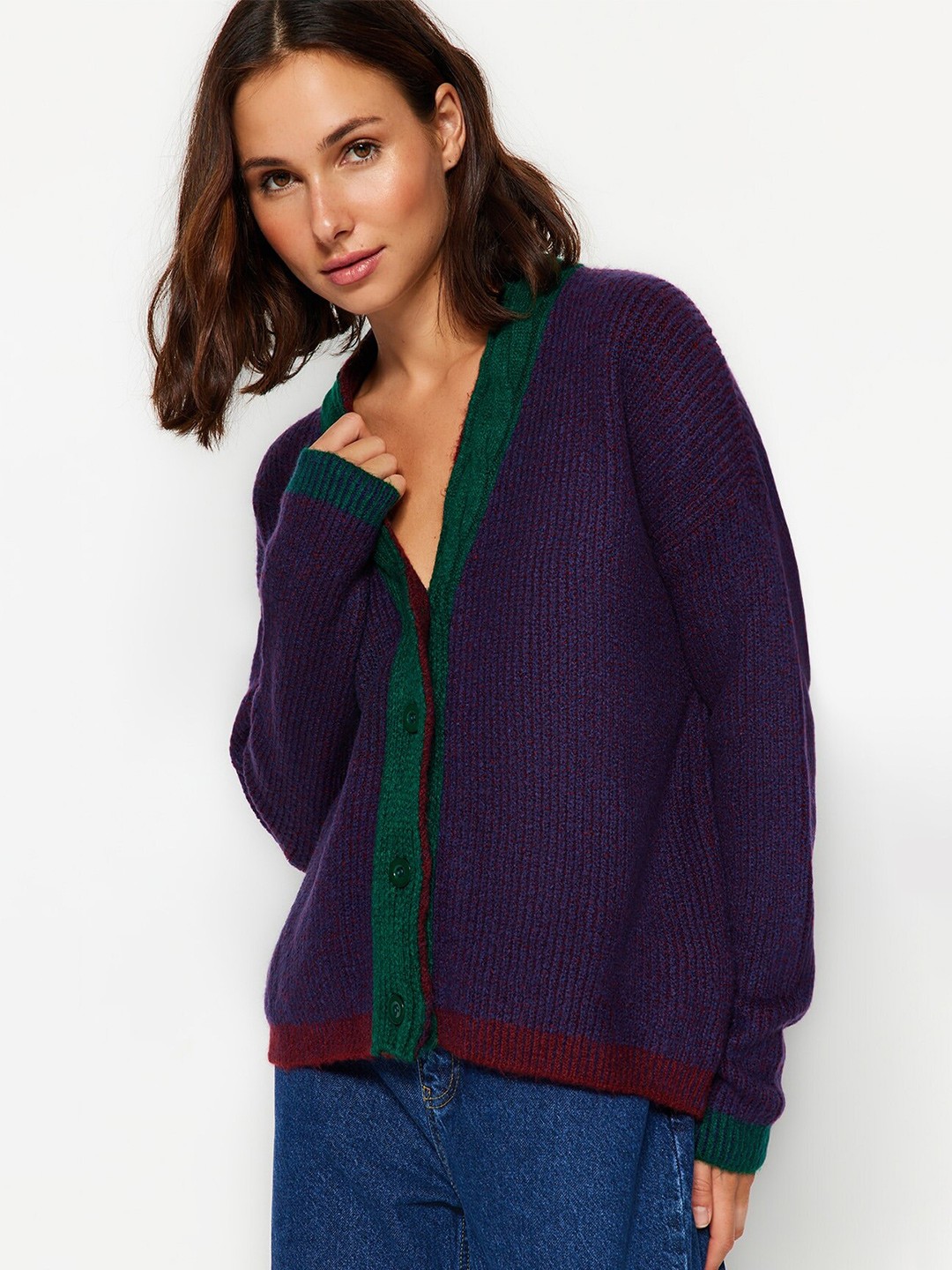 

Trendyol Ribbed V-Neck Cardigan, Navy blue
