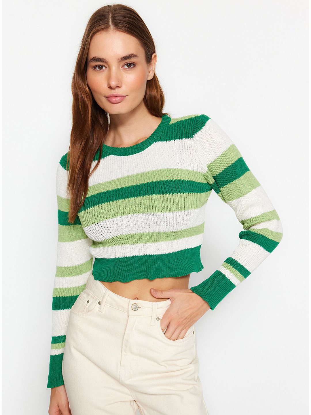 

Trendyol Striped Round Neck Crop Pullover, Green