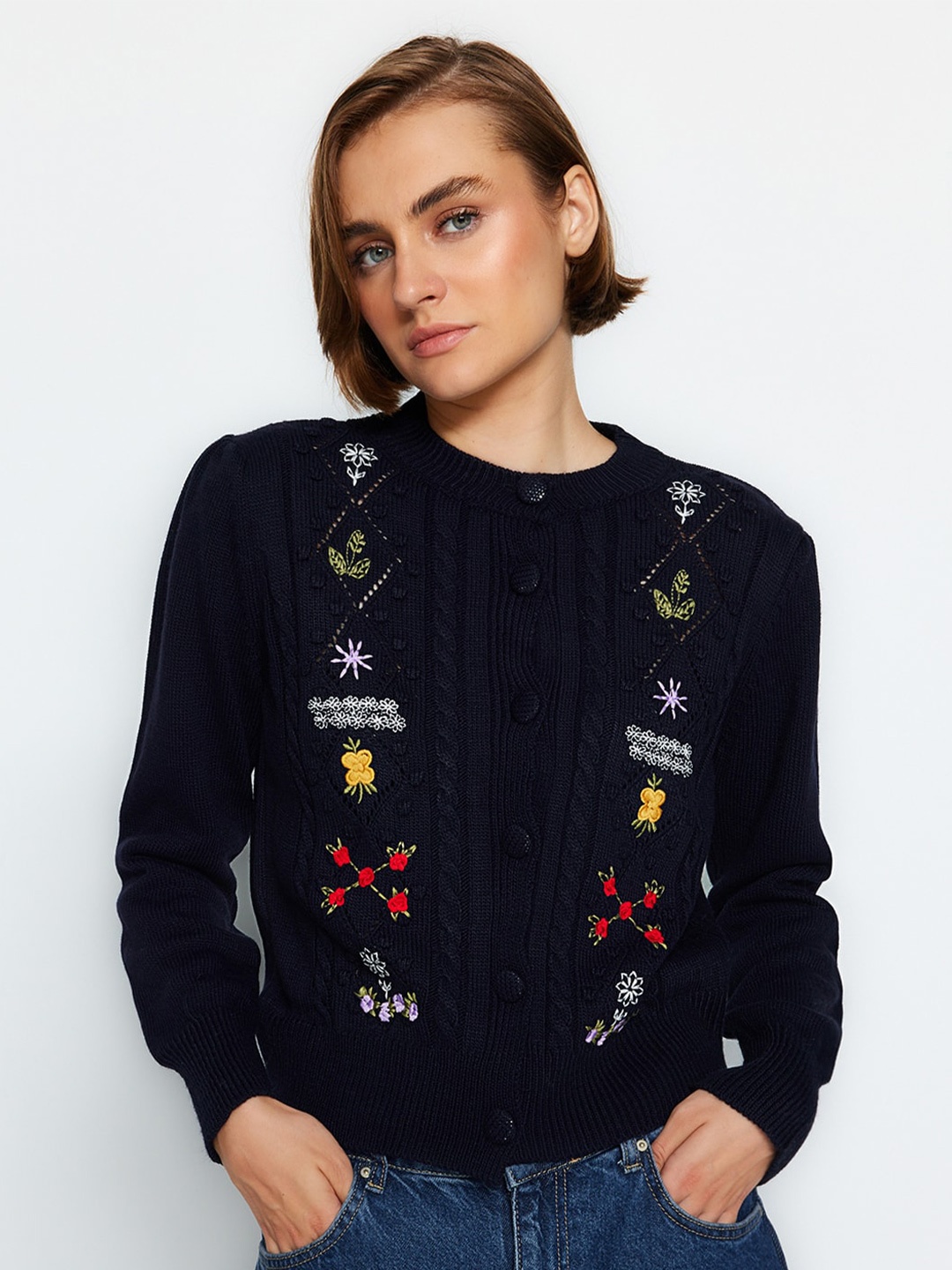 

Trendyol Cable Knit Crop Embroidered Acrylic Cardigan Sweater, Black