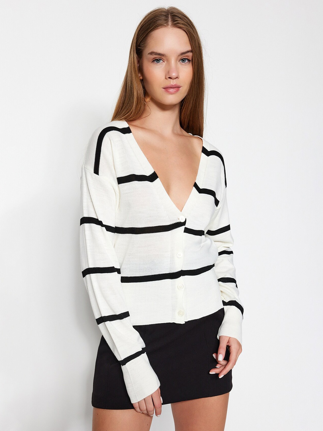 

Trendyol Women White & Black Striped Crop Cardigan