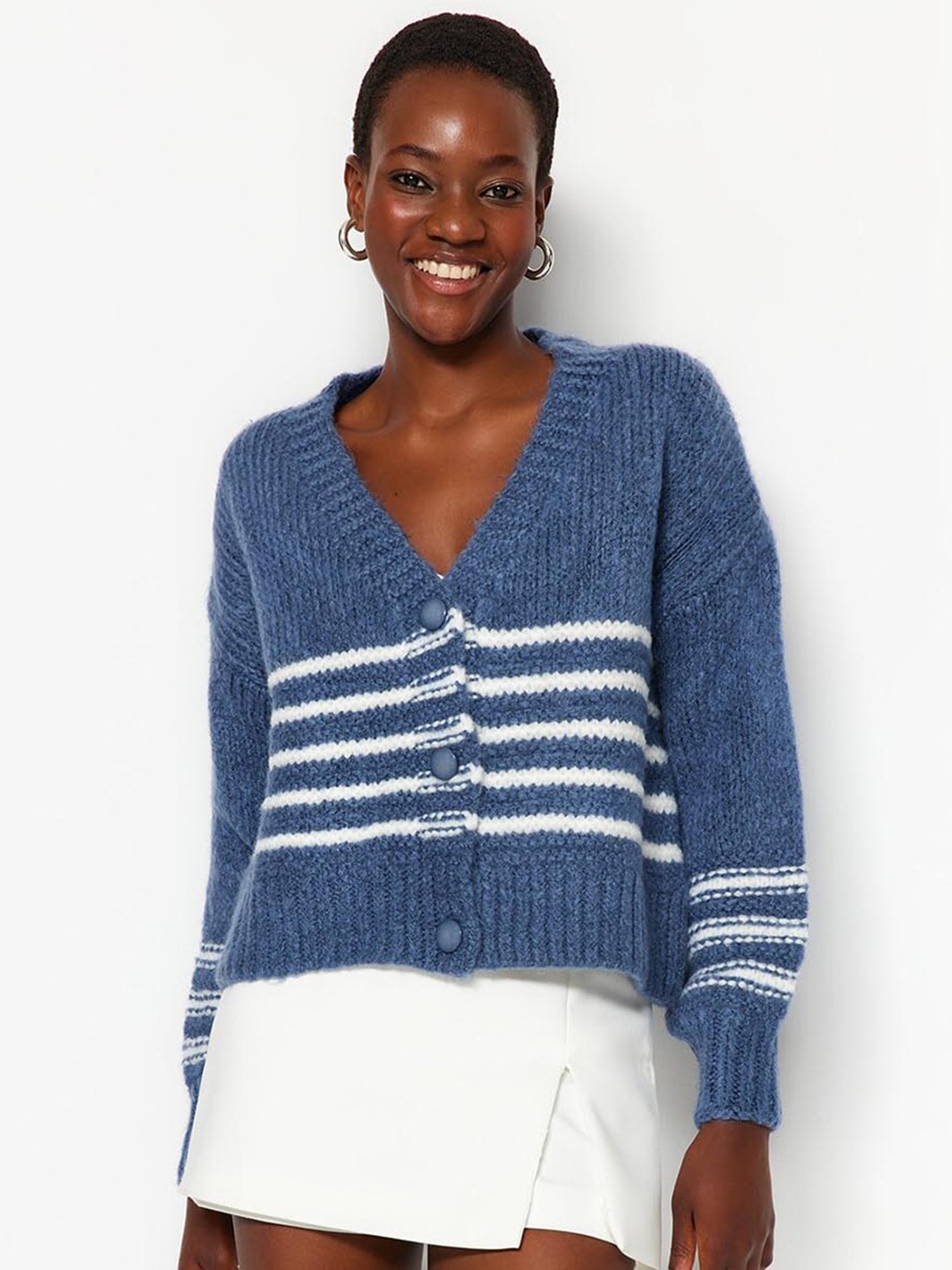 

Trendyol Striped V-Neck Acrylic Crop Cardigan, Blue