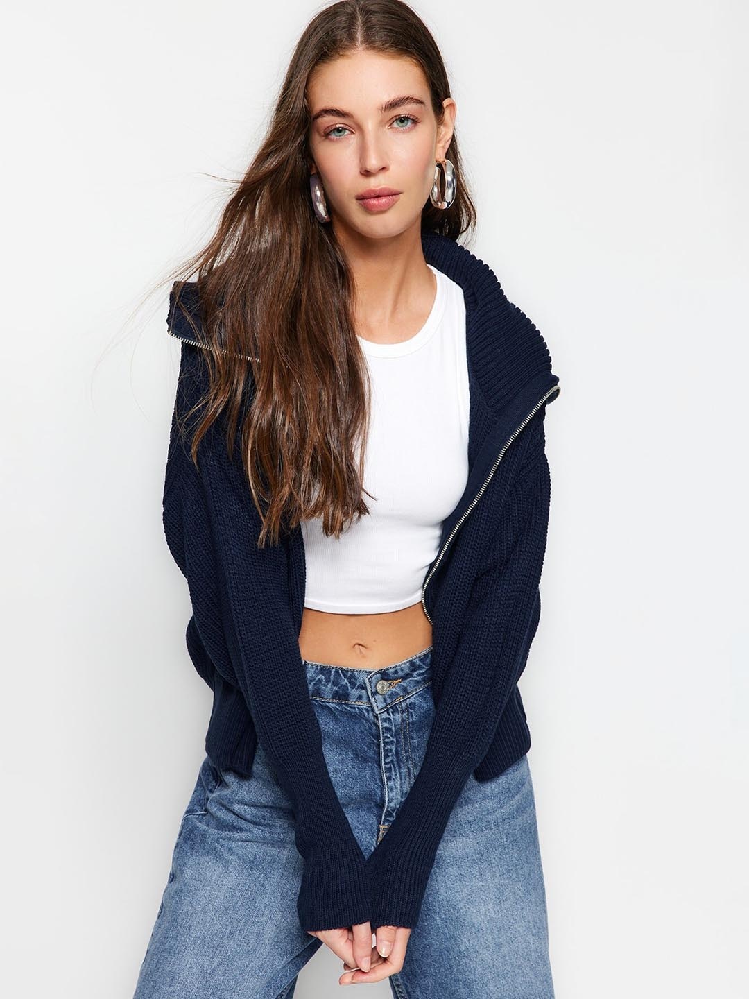 

Trendyol Striped Pure Acrylic Front-Open Sweater, Blue