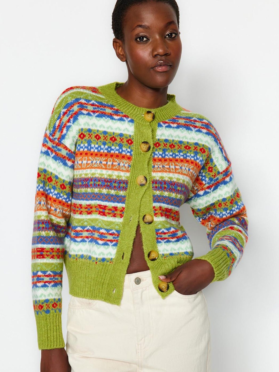 

Trendyol Striped Crop Cardigan, Green