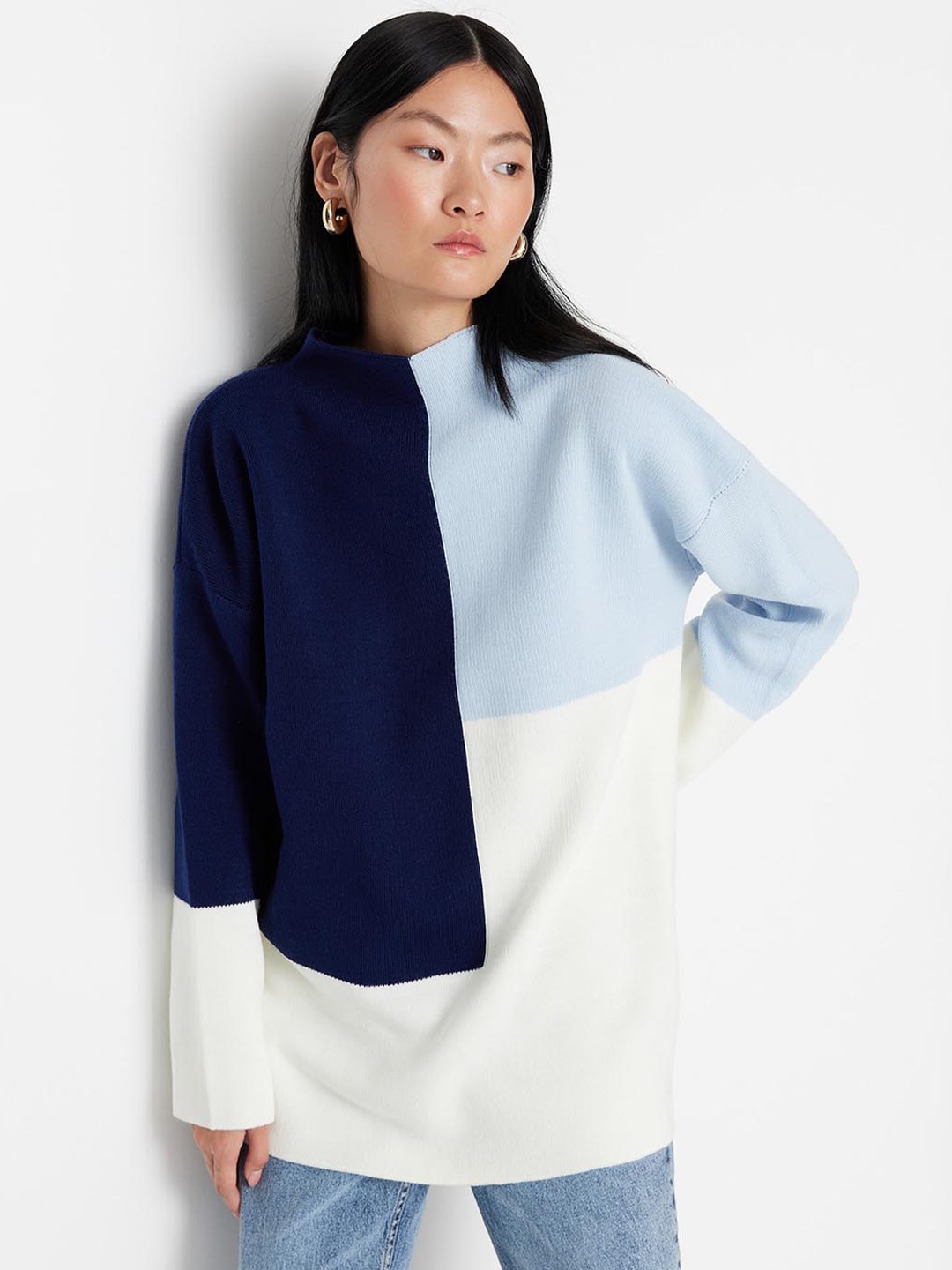 

Trendyol Colourblocked High Neck Pure Acrylic Pullover, Blue