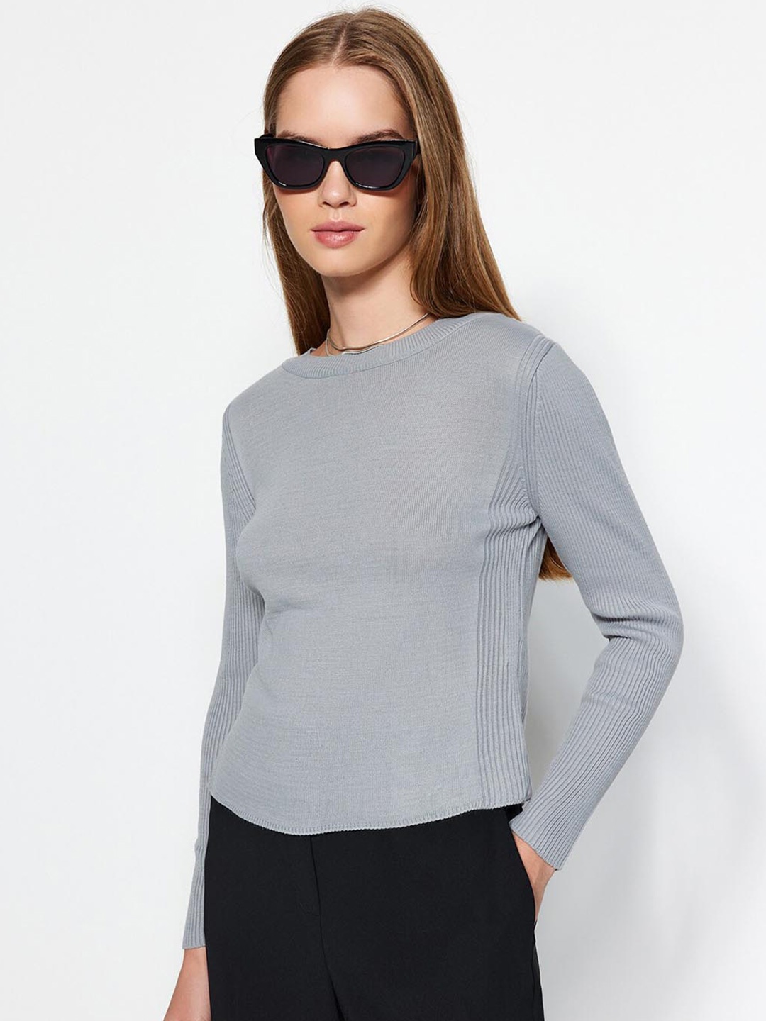 

Trendyol Round Neck Pure Acrylic Pullover, Grey