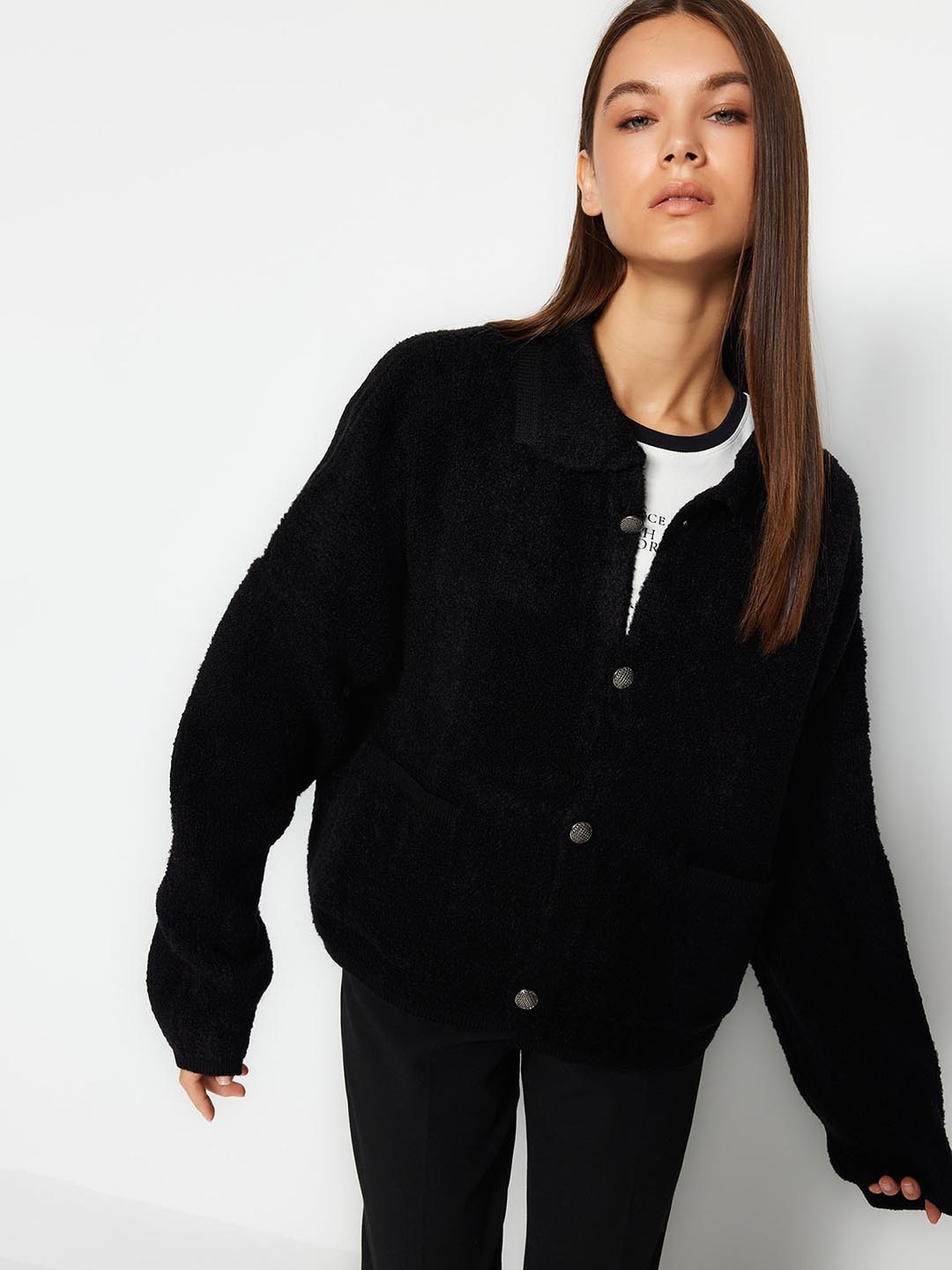 

Trendyol Shirt Collar Long Sleeves Acrylic Cardigan Sweater, Black
