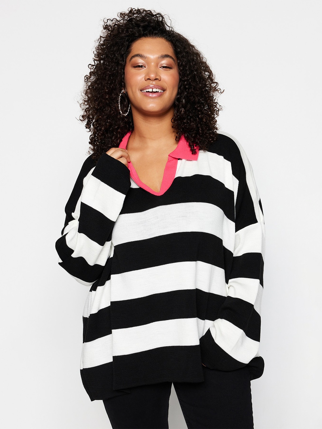 

Trendyol Striped Shirt Collar Pullover Sweater, Black