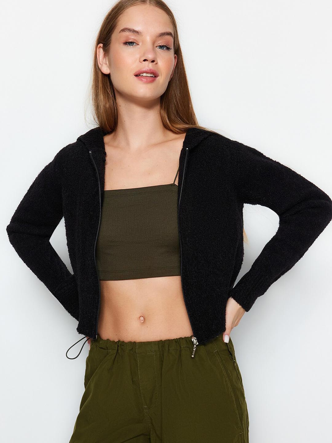 

Trendyol Self Design Acrylic Crop Front-Open Sweaters, Black