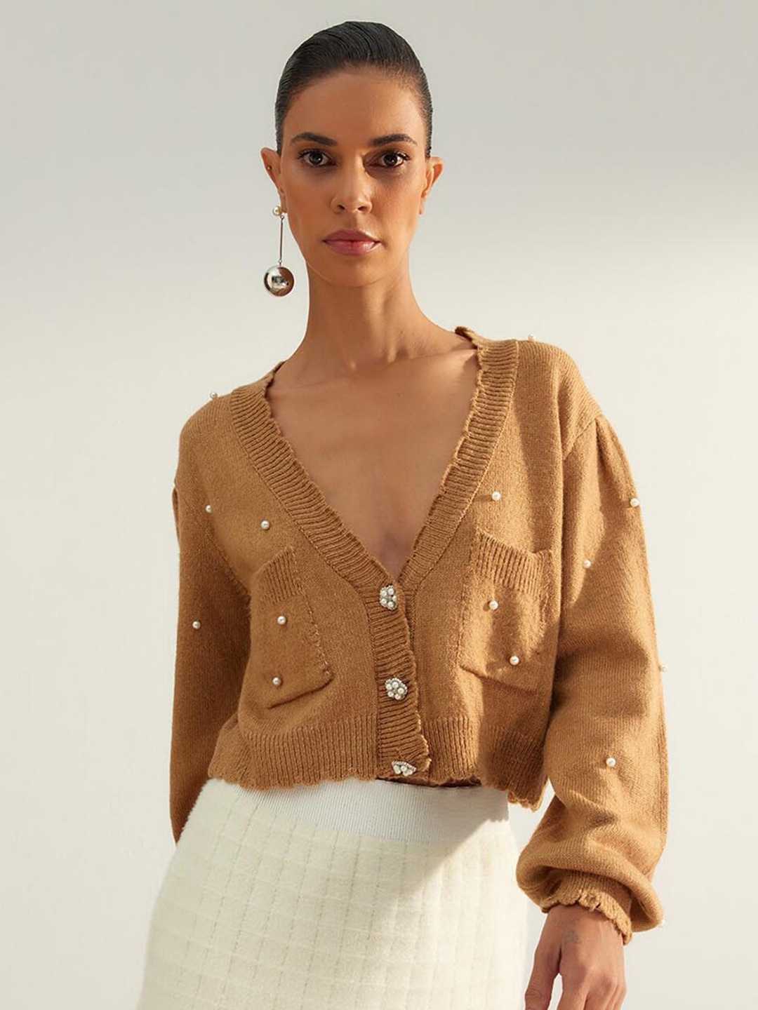 

Trendyol Cable Knit Crop Pullover With Embellished Detail, Mustard