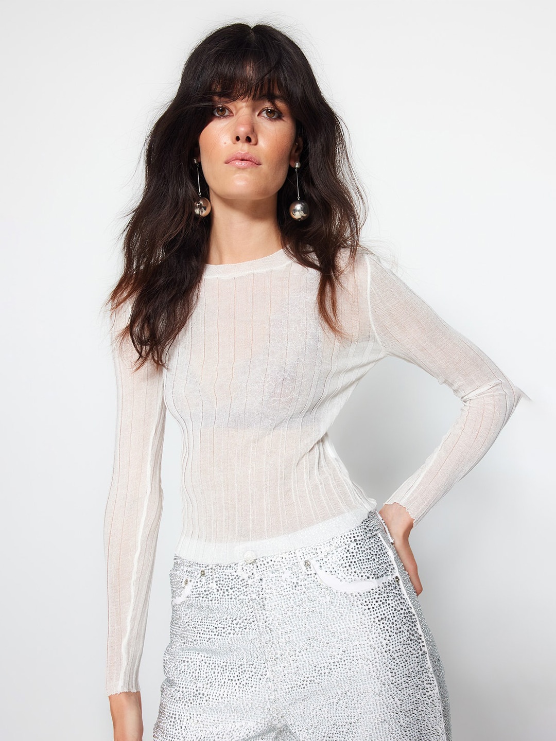 

Trendyol Open Knit Self Design Pullover, White