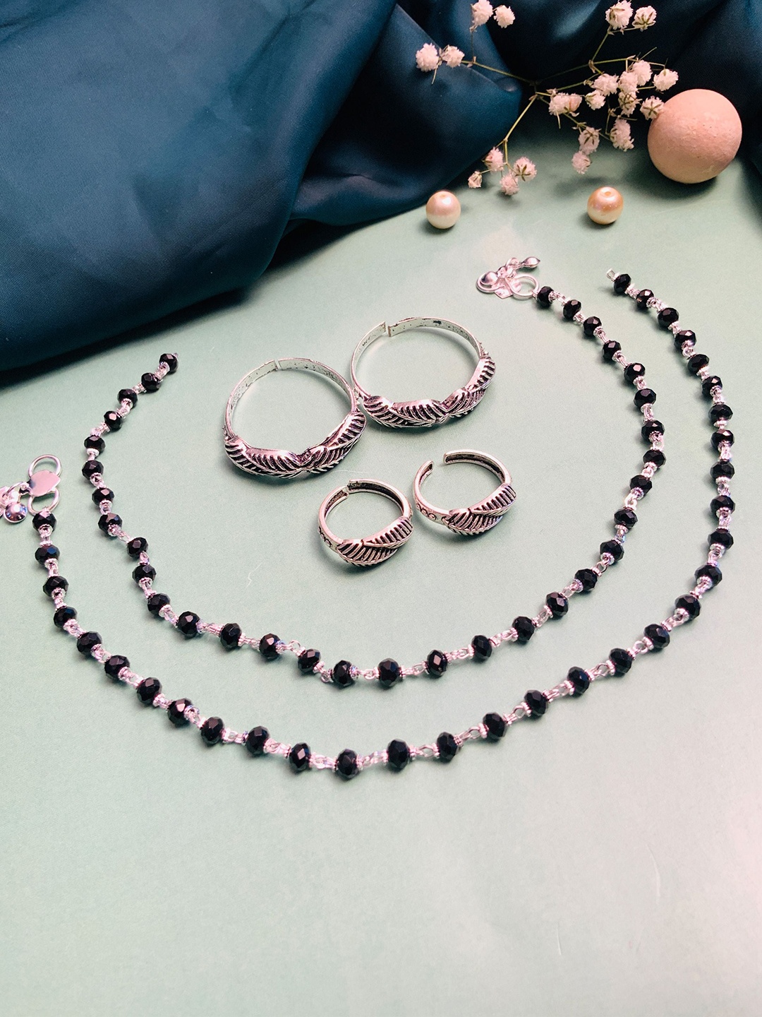 

ABDESIGNS Set of 6 Silver Plated Beaded Anklet &Toe Rings