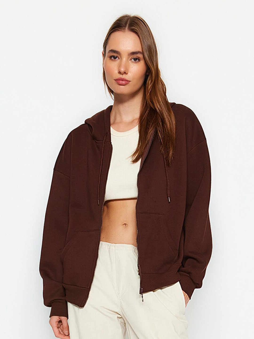 

Trendyol Hooded Front Open Sweatshirt, Brown