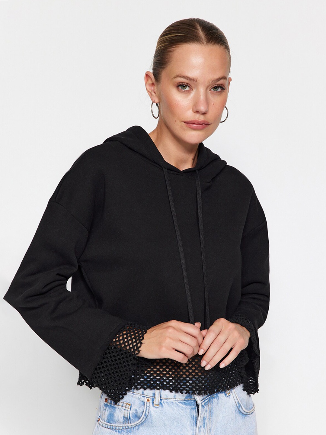 

Trendyol Hooded Lace Trim Pullover Sweatshirt, Black