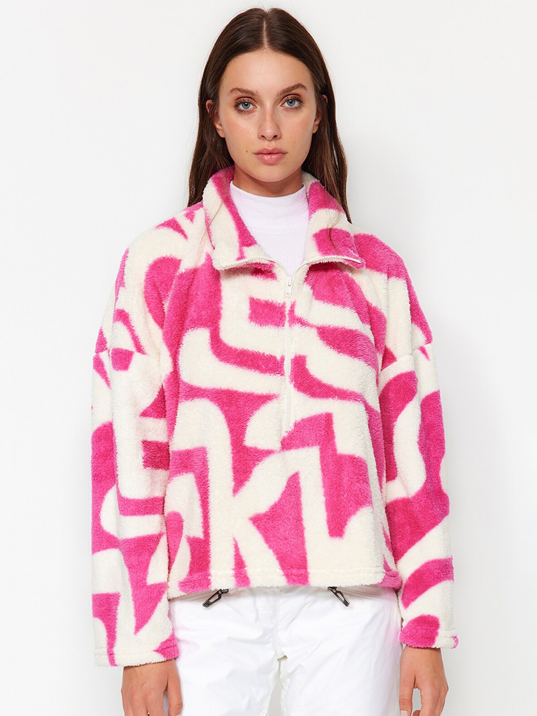 

Trendyol Printed Shirt Collar Front-Open Sweatshirt, Off white