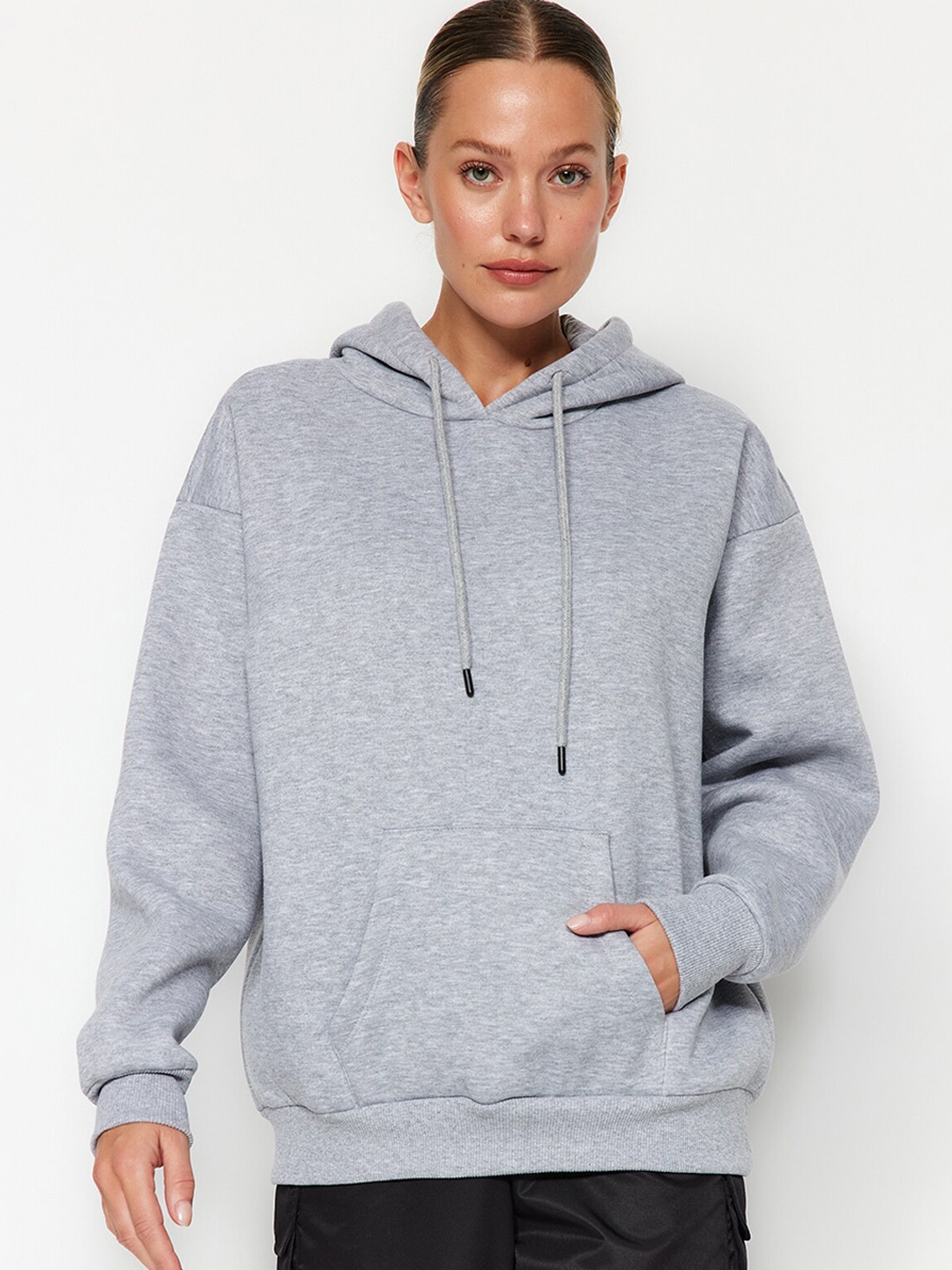 

Trendyol Hooded Drop Shoulder Sleeves Longline Sweatshirt, Grey melange