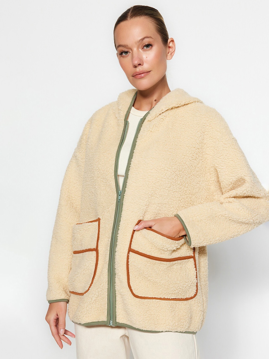 

Trendyol Hooded Cardigan Sweater With Fuzzy Detail, Beige