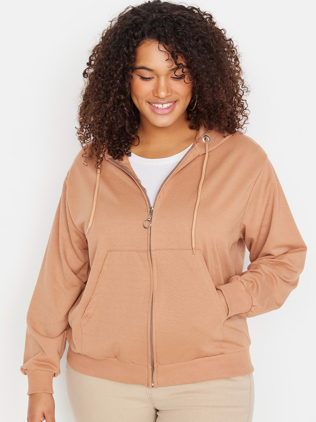 

Trendyol Plus Size Hooded Front-Open Sweatshirt, Brown
