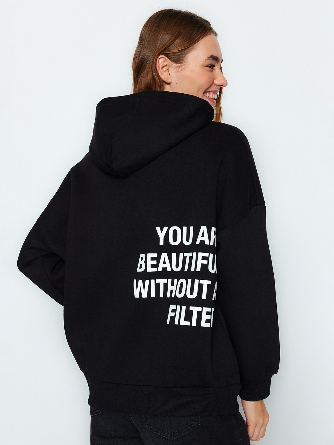 

Trendyol Typography Printed Hooded Pullover Sweatshirt, Black